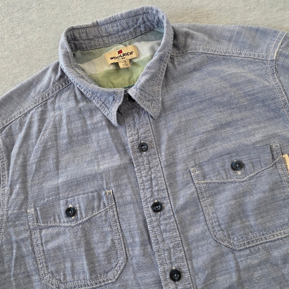 Woolrich Mens Blue Cotton Chambray Short Sleeve Button Down Shirt Large L - Picture 1 of 8